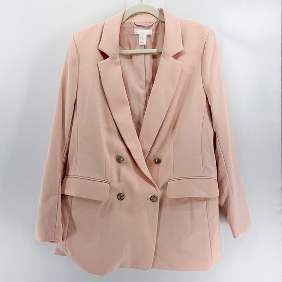 H&M Baby Pink Double Breasted Oversized Blazer Jacket Gold Buttons Size 12 - Picture 3 of 8